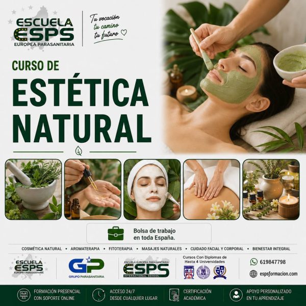 Vigo, A Coruña, Santiago de Compostela, Pontevedra, Ourense, Lugo y Ferrol, donde los centros de estética y bienestar demandan profesionales especializados en técnicas naturales y sostenibles. La Escuela Europea Parasanitaria ESPS®, referente en terapias naturales y estética avanzada, presenta su Curso Profesional de Estética Natural, Belleza Natural y Wellness, disponible en modalidad presencial (Coruña, Pontevedra, Santiago y Vigo) y semipresencial con apoyo online, con acceso a vídeos, test, temarios propios y material audiovisual exclusivo.