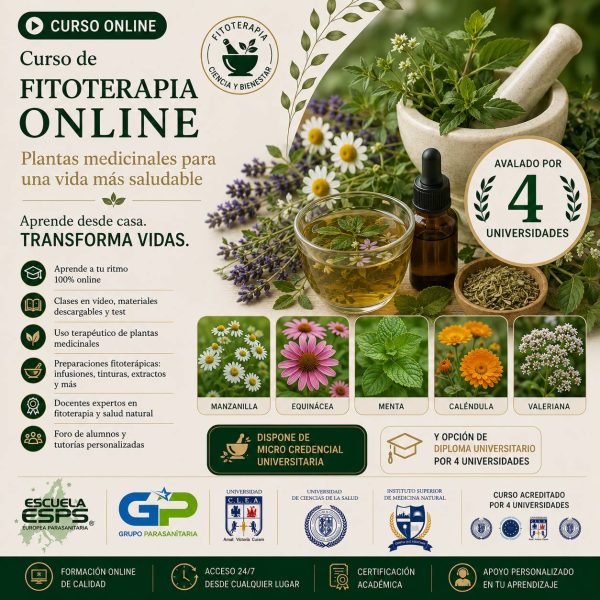 curso de Fitoterapia online y Curso en Vigo, A Coruña, Santiago, Pontevedra, Ourense, Lugo, curso de plantas medicinales online. Curso de fitoterapia en línea, incluye libros de plantas medicinales