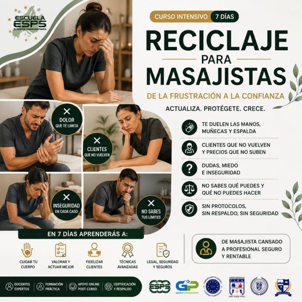 Curso de Reciclaje para Masajistas: actualiza tus técnicas, cuida tu cuerpo y vuelve a disfrutar de tu profesión ¿Das masajes y los clientes no vuelven? ¿Sientes que después de dar dos sesiones te duele todo? ¿Te lesionas o tienes tendinitis tras una jornada de trabajo? ¿El cliente te dice “me duele aquí” y no sabes si es grave?